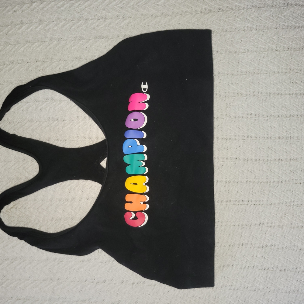 Champion Black Sports Bra with Multicolor Logo